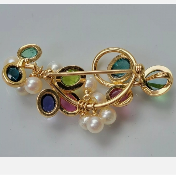 14k Gold Multi Gemstone Pearl Pendant Brooch-Designer Estate Jewelry 12 gm - Picture 11 of 12